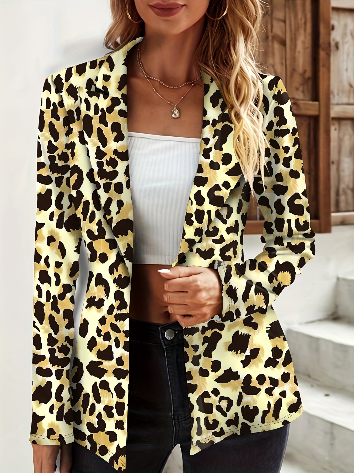 Leopard Print One Button Blazer, Casual Lapel Long Sleeve .