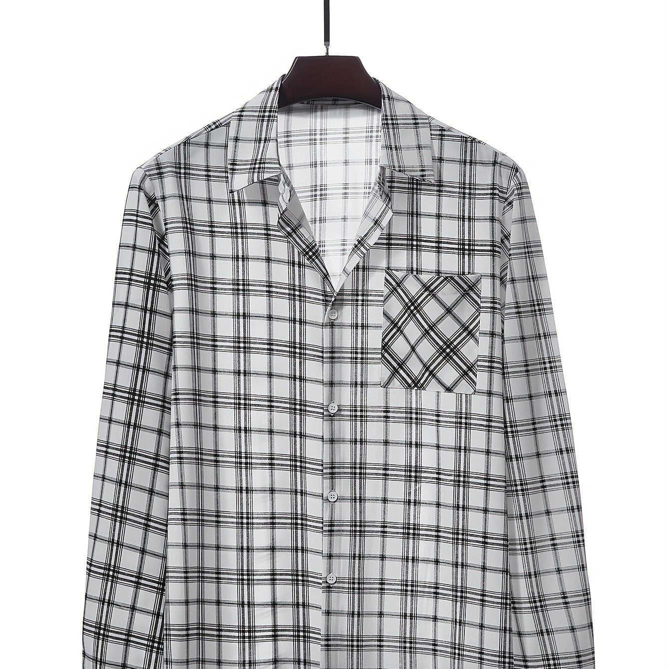 Men's Plaid Pattern Print Lapel Collar Dress Shirts With Chest Pocket,