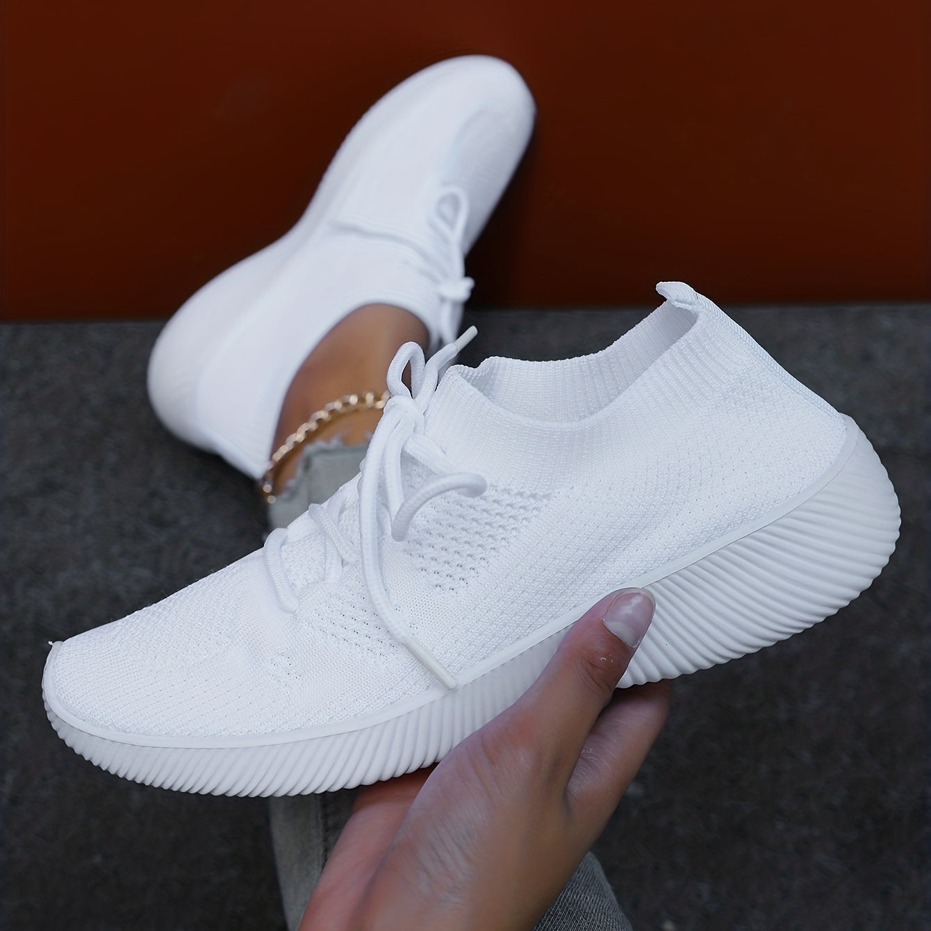 Women's Knit Athletic Shoes, Breathable Lace Up Low Top Running Trainers, Casual Gym Fitness Sneakers