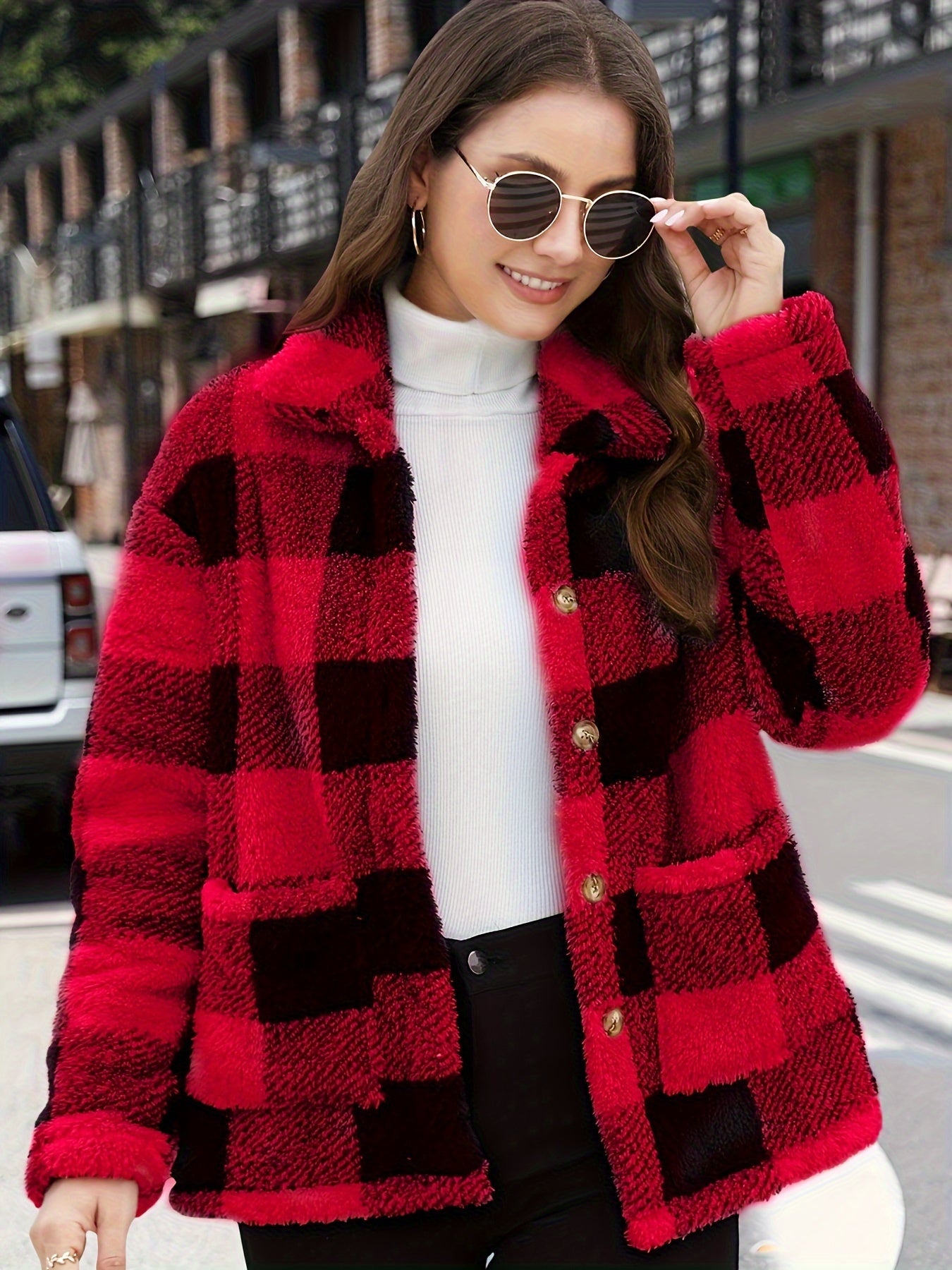 Long Sleeve Plaid Print Teddy Coat with Patched Pockets - Soft, Warm,