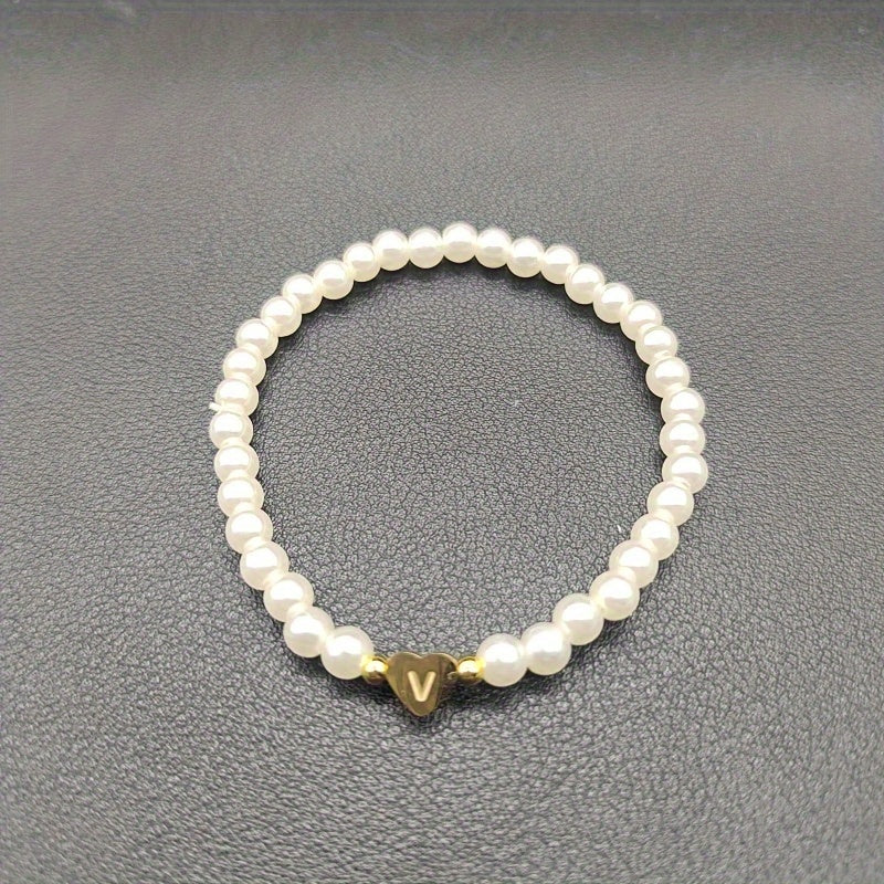 1pc Classic Initial A-Z Lettering Heart Faux Pearl Beaded Bracelet, Elegant Party Jewelry Birthday Gift For Teen Girls