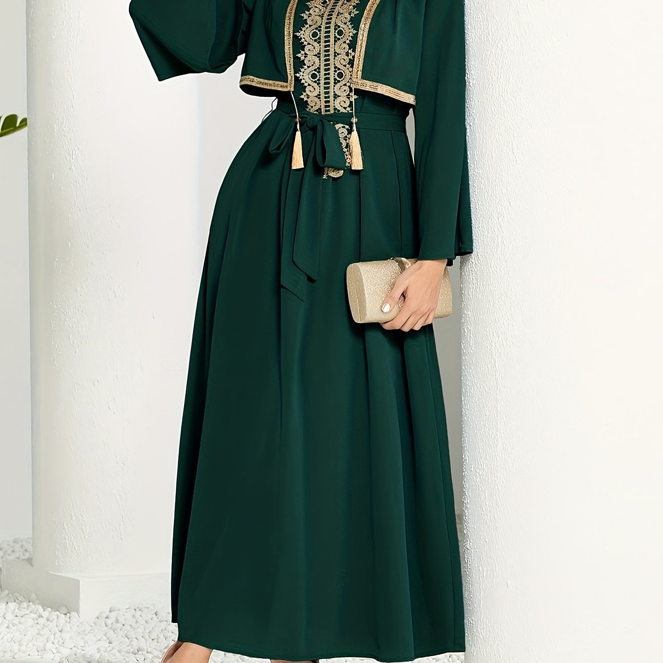 2 In 1 Lace Trim V-neck Kaftan Dress, /MH
