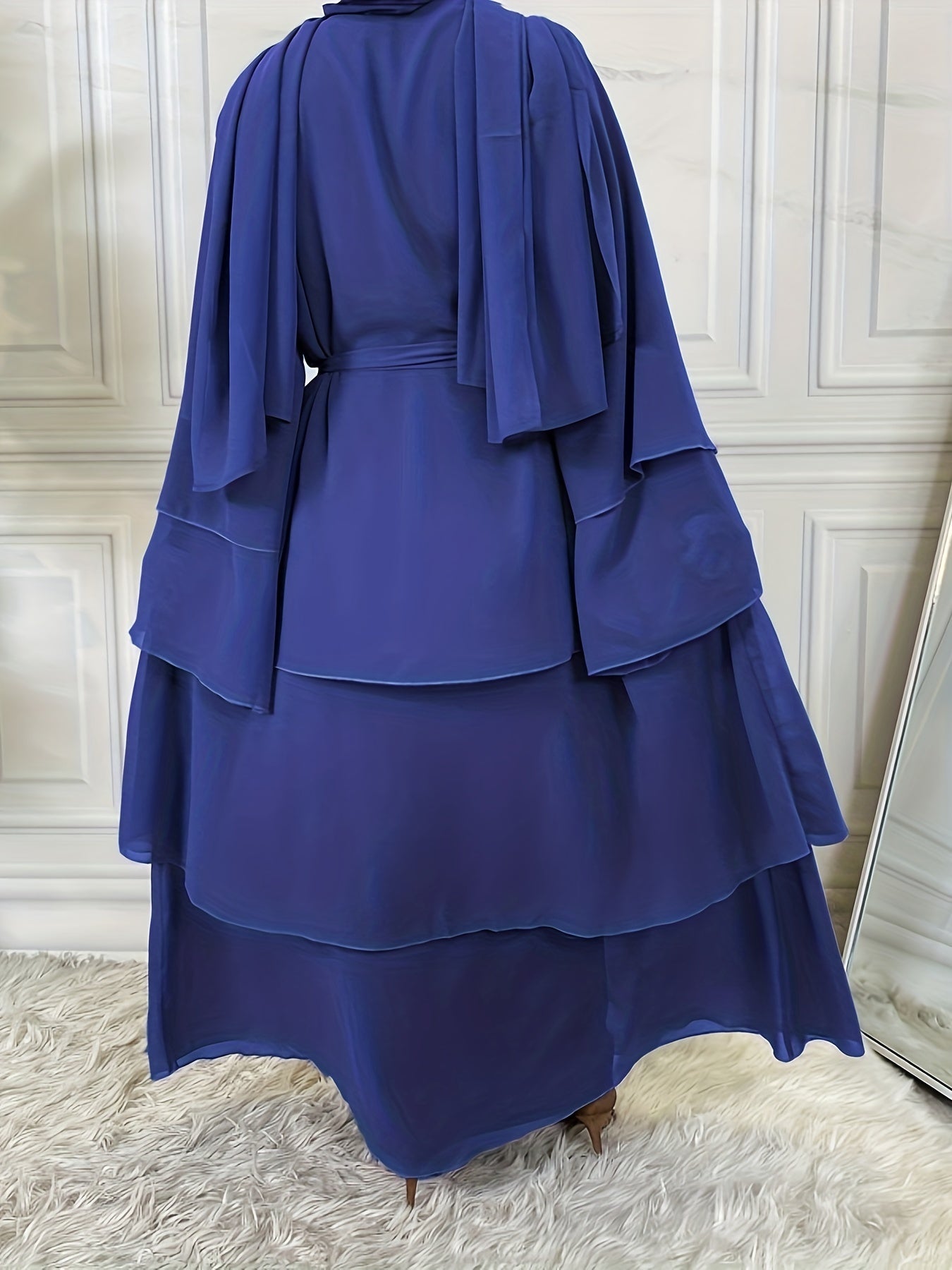 Layered Open Front Modest Dress, Long Sleeve Muslim Dress'/MH