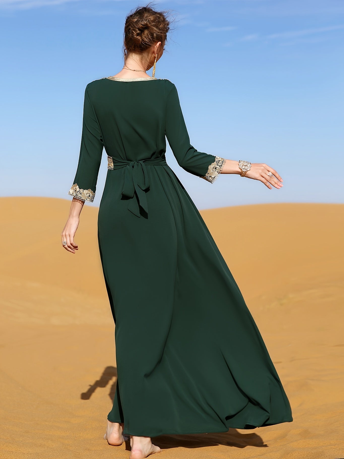 Ramadan Lace Trim V Neck Kaftan, Elegant Long Sleeve 'MH