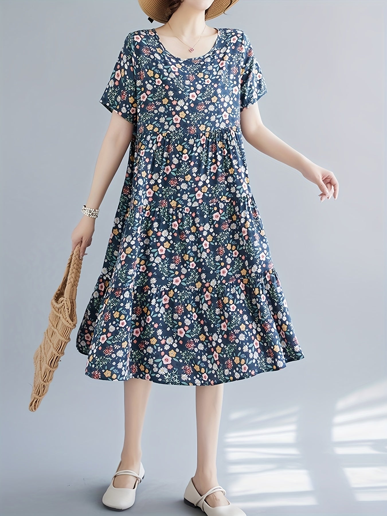 Paisley Print Crew Neck Dress, Casual Short Sleeve Loose Fit Dress./MH