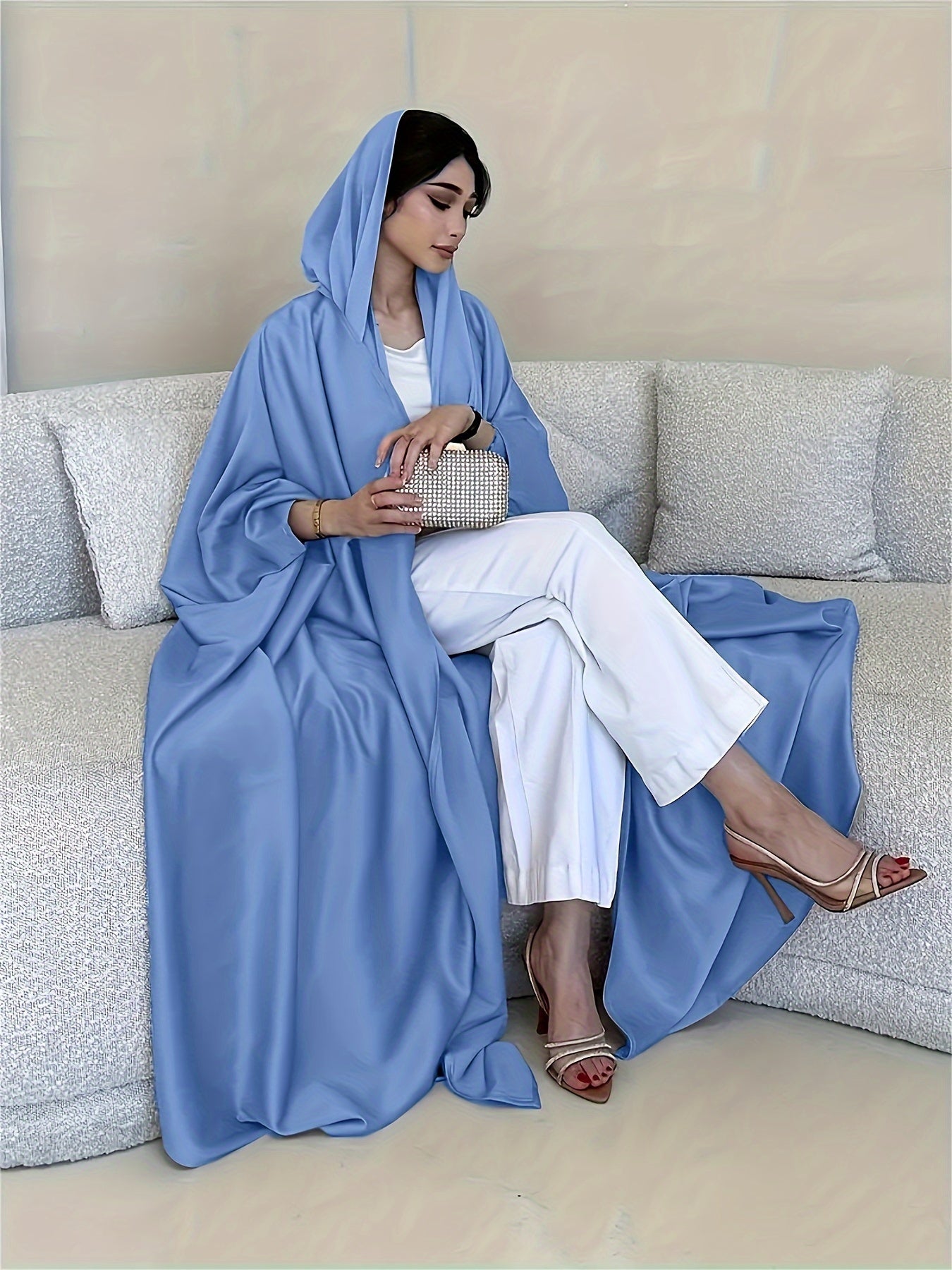 Open Front Hoodie Kaftan Dress, Elegant Long Batwing Sleeve Non-Stretch '/MH