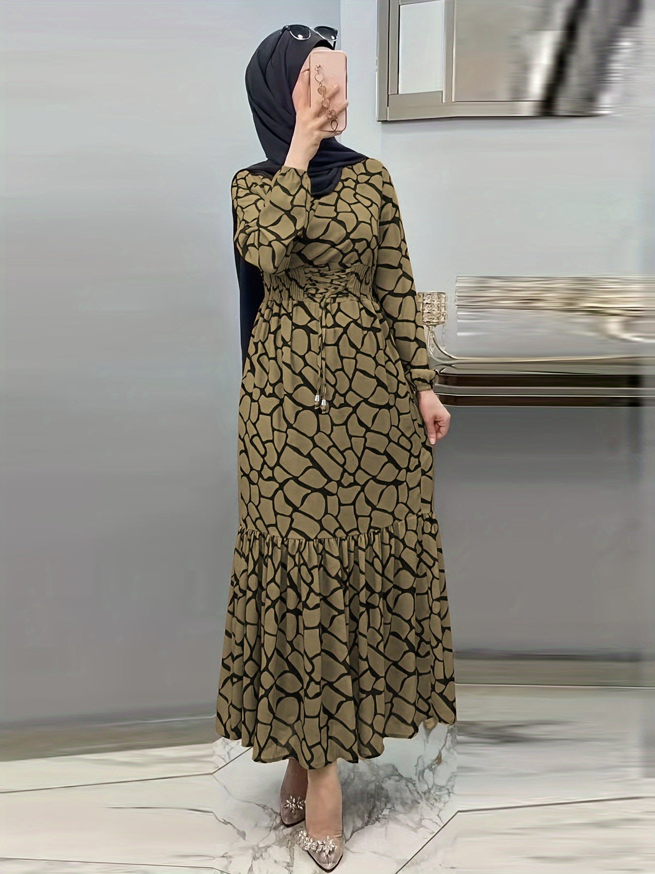 Allover Print Maxi Kaftan Dress, Casual Long Sleeve '/MH