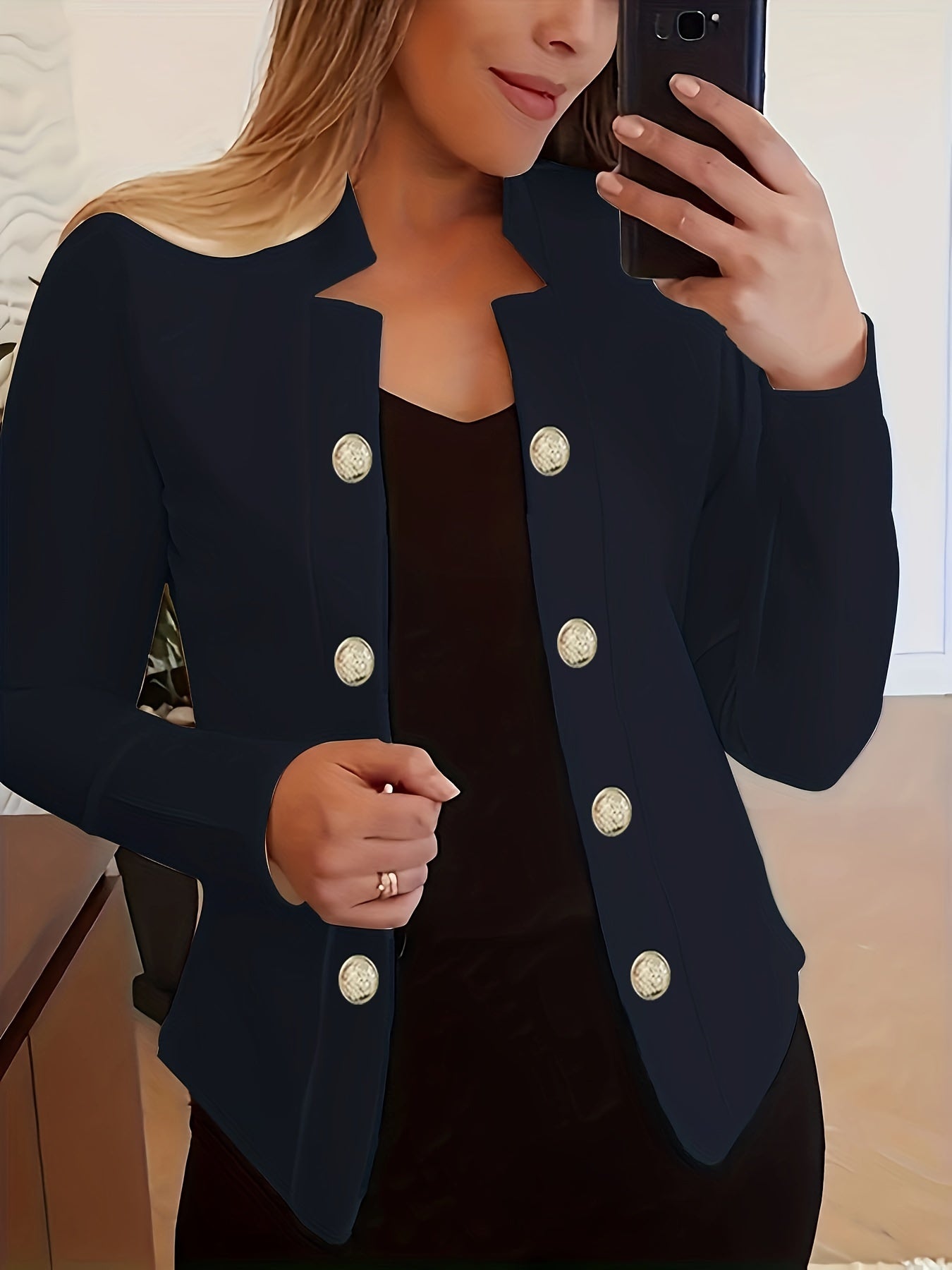 Button Decor Open Front Blazer, Casual Long Sleeve.