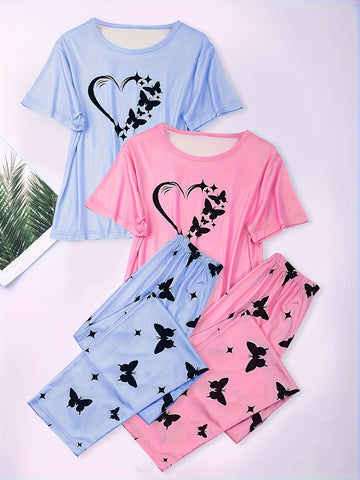 2 Sets Heart Print Pajamas Set, Short Sleeve Crew Neck Top & Butterfly Print Pants, Women's Sleepwear & Loungewear