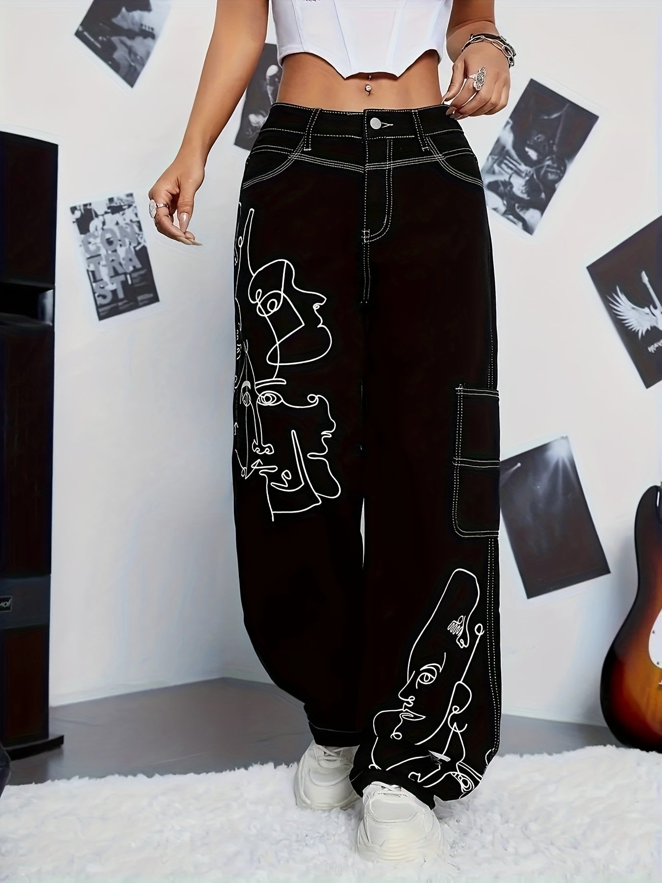 Y2K Style Abstract Cartoon Face Print Patchwork Cargo Denim Jeans,/MH