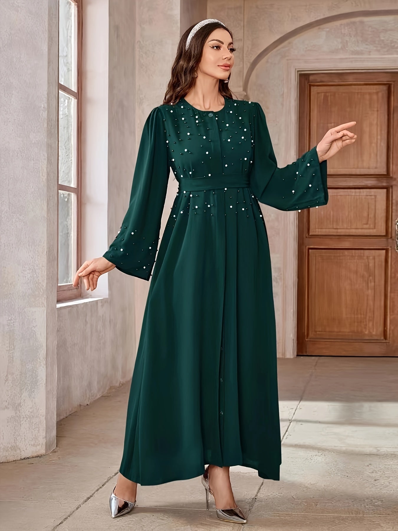 Elegant Navy Blue Abaya with Pearl Embellishments and Belt -/MH