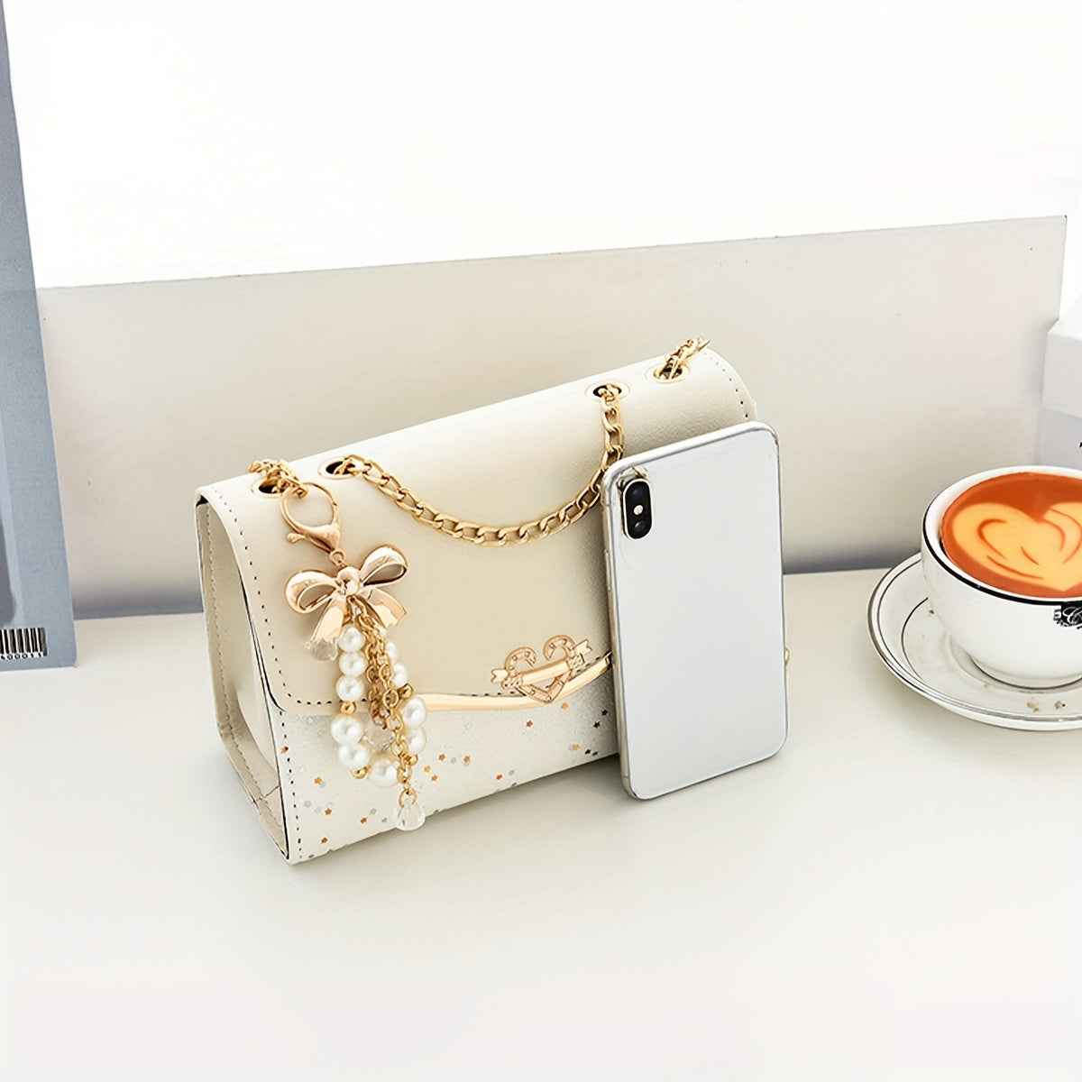 Fashion Polka Dot Beige PU Shoulder Bag .