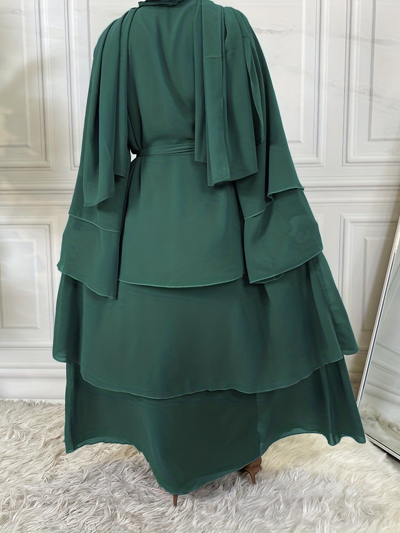 Layered Open Front Modest Dress, Long Sleeve Muslim Dress'/MH