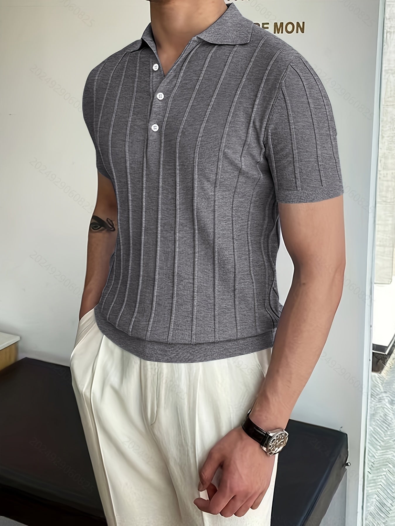 Vertical Striped Chic Shirt, Men's Casual Solid Color High Stretch .