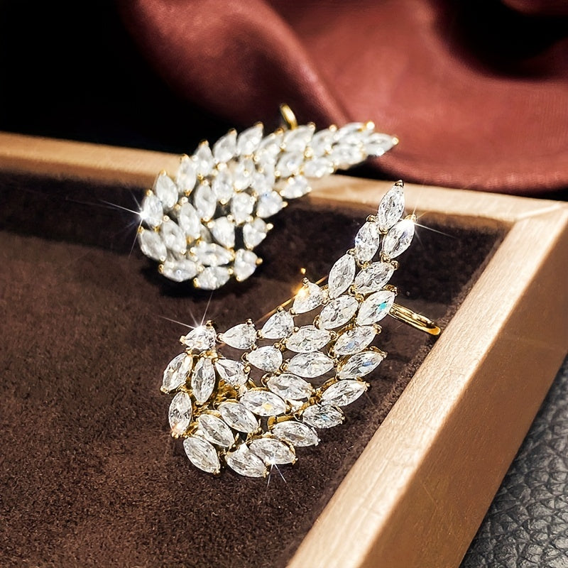 Golden Leaf Shaped Ear Clips - Exquisite Inlaid Zirconia, Delicate Fashion Accessory for Daily Wear, Ideal Gift for Ladies, Elegant and Simple Style