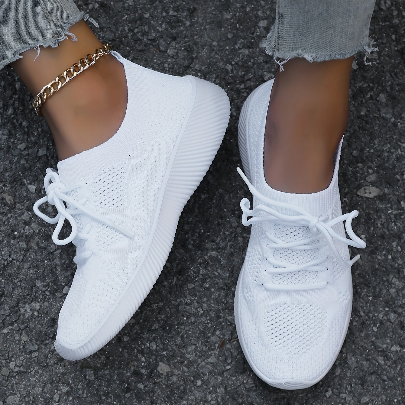 Women's Knit Athletic Shoes, Breathable Lace Up Low Top Running Trainers, Casual Gym Fitness Sneakers