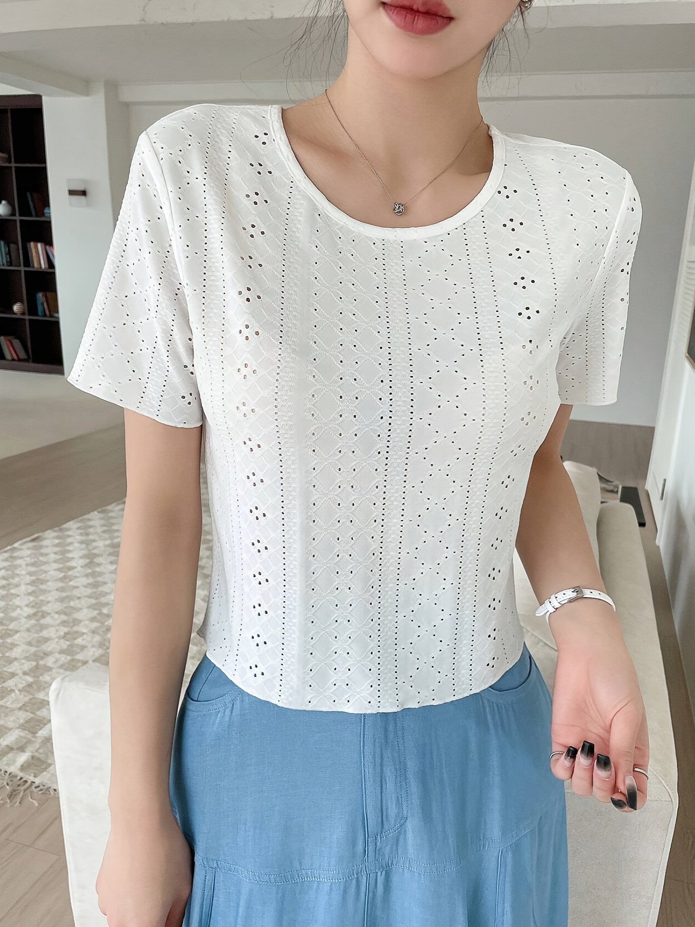 Eyelet Embroidery T-Shirt, Short Sleeve Crew Neck Summer Casual Top, Women's Clothing