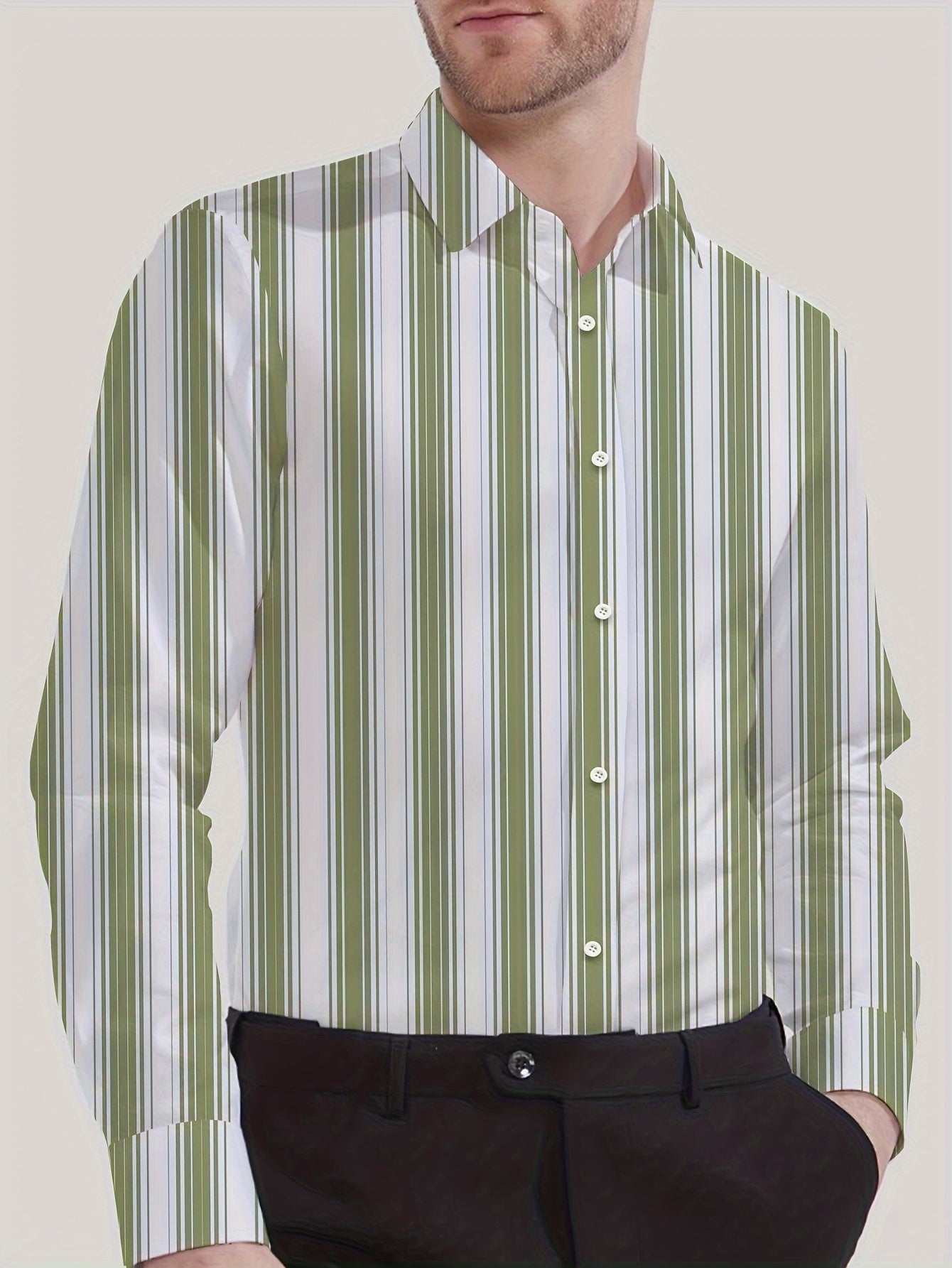 Men's Striped Lapel Collar Dress Shirts, Long Sleeve .