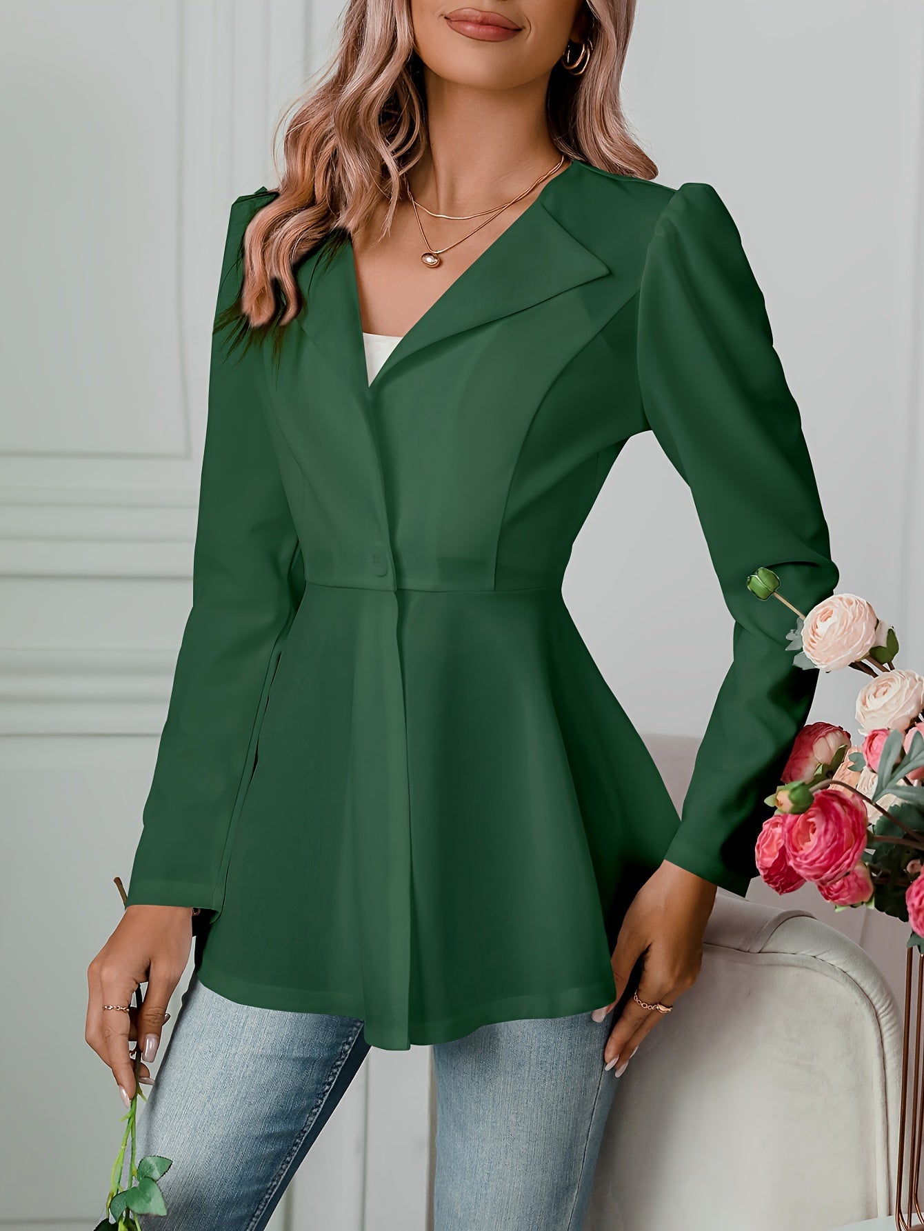 Notched Collar Flare Blazer, Elegant Long Sleeve Button Front Coat,