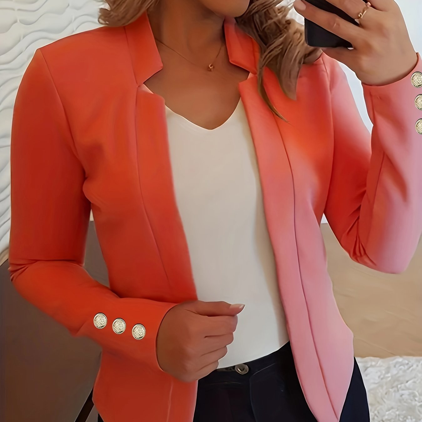 Solid Open Front Button Decor Blazer, Elegant Long Sleeve Blazer.