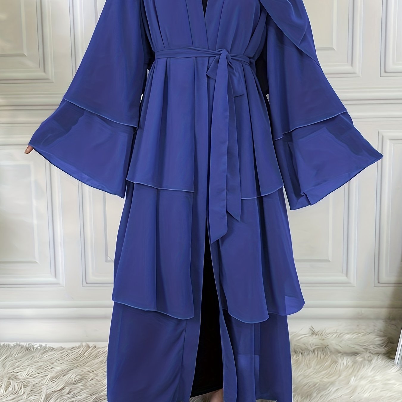 Layered Open Front Modest Dress, Long Sleeve Muslim Dress'/MH