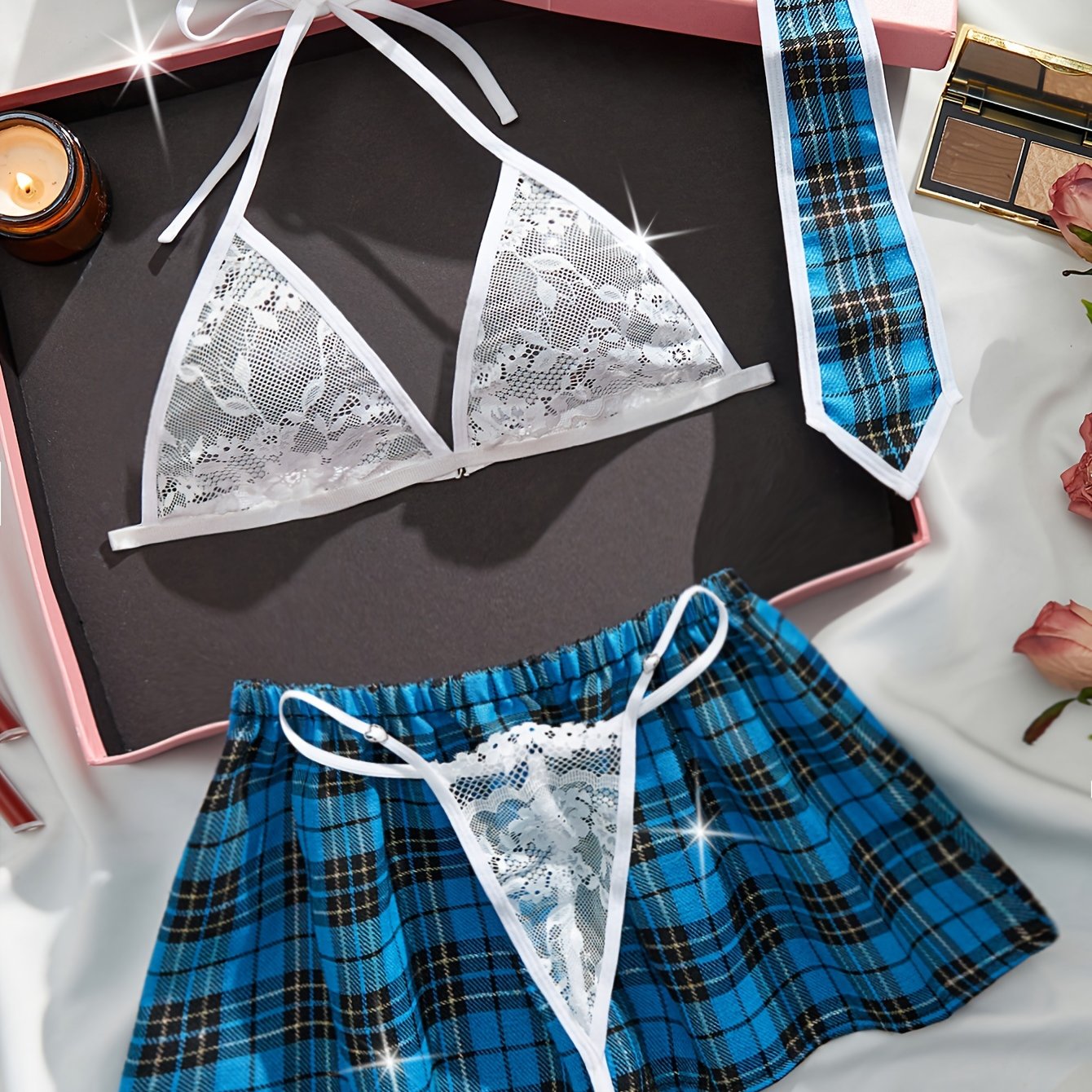Preppy Plaid Print Uniform Set, Floral Lace Triangle Halter Bra & Thong & Skirt & Tie,/MH
