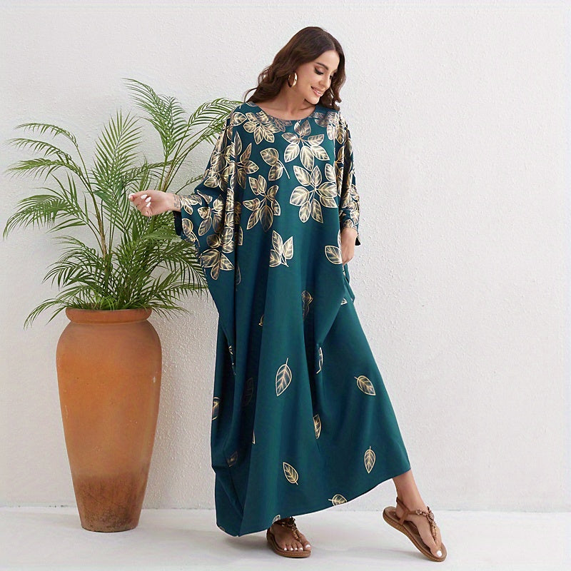 Leaf Print Crew Neck Kaftan, Elegant Batwing Sleeve'/MH