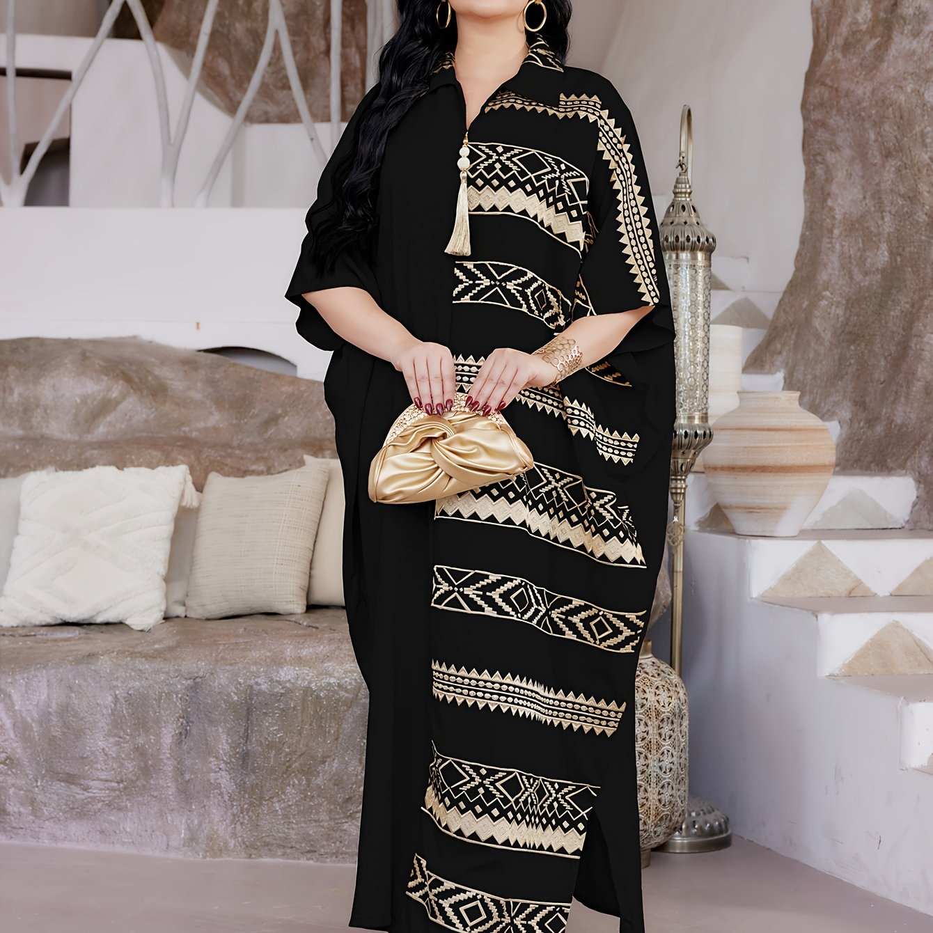 Elegant Ramadan Jalabia Dress - Golden & Black Geometric Embroidery,/MH