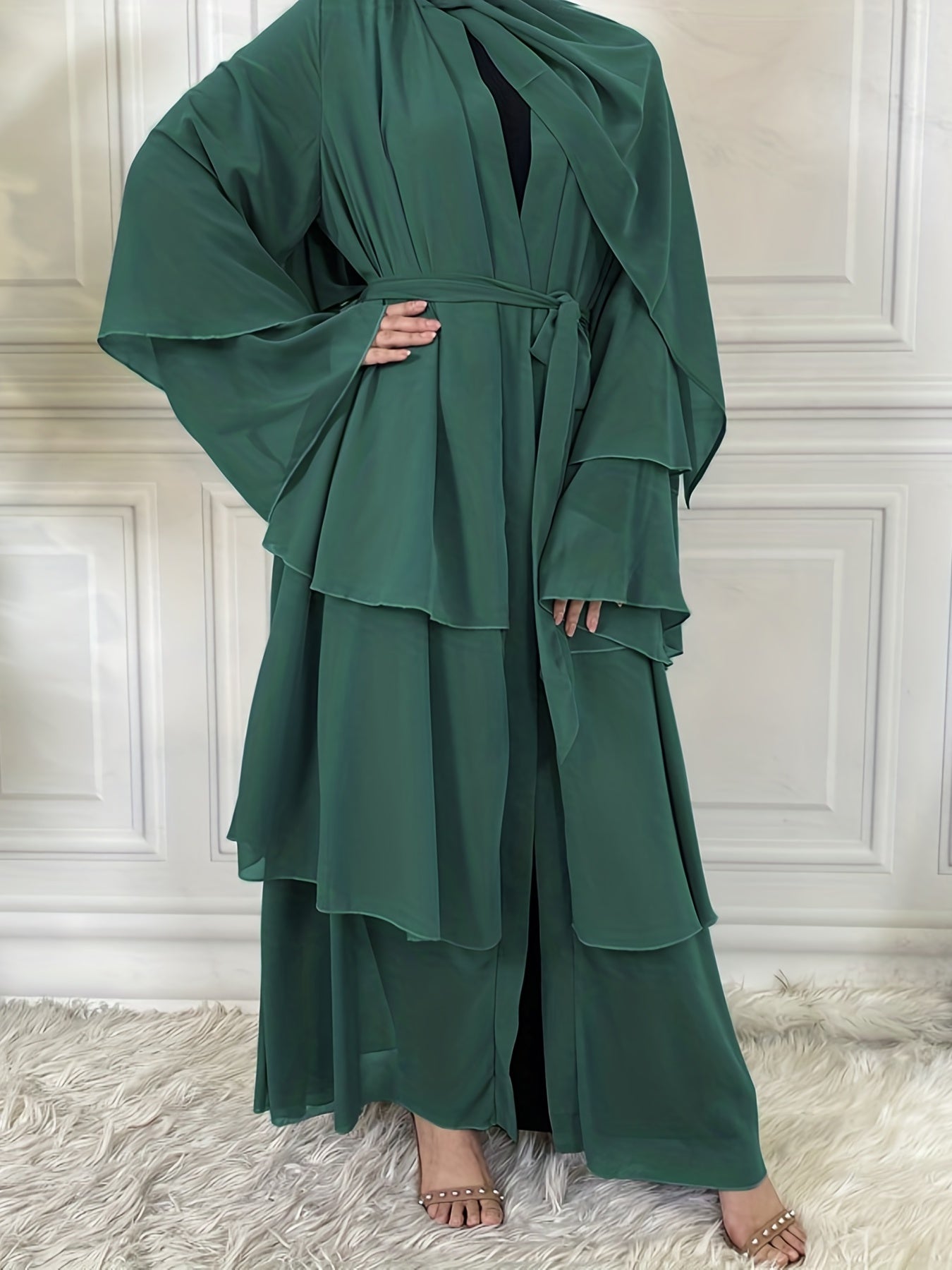 Layered Open Front Modest Dress, Long Sleeve Muslim Dress'/MH