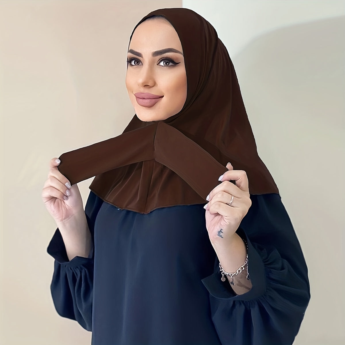 Solid Color Hijab Snap Button Adjustable Headscarf Casual Elastic '/MH