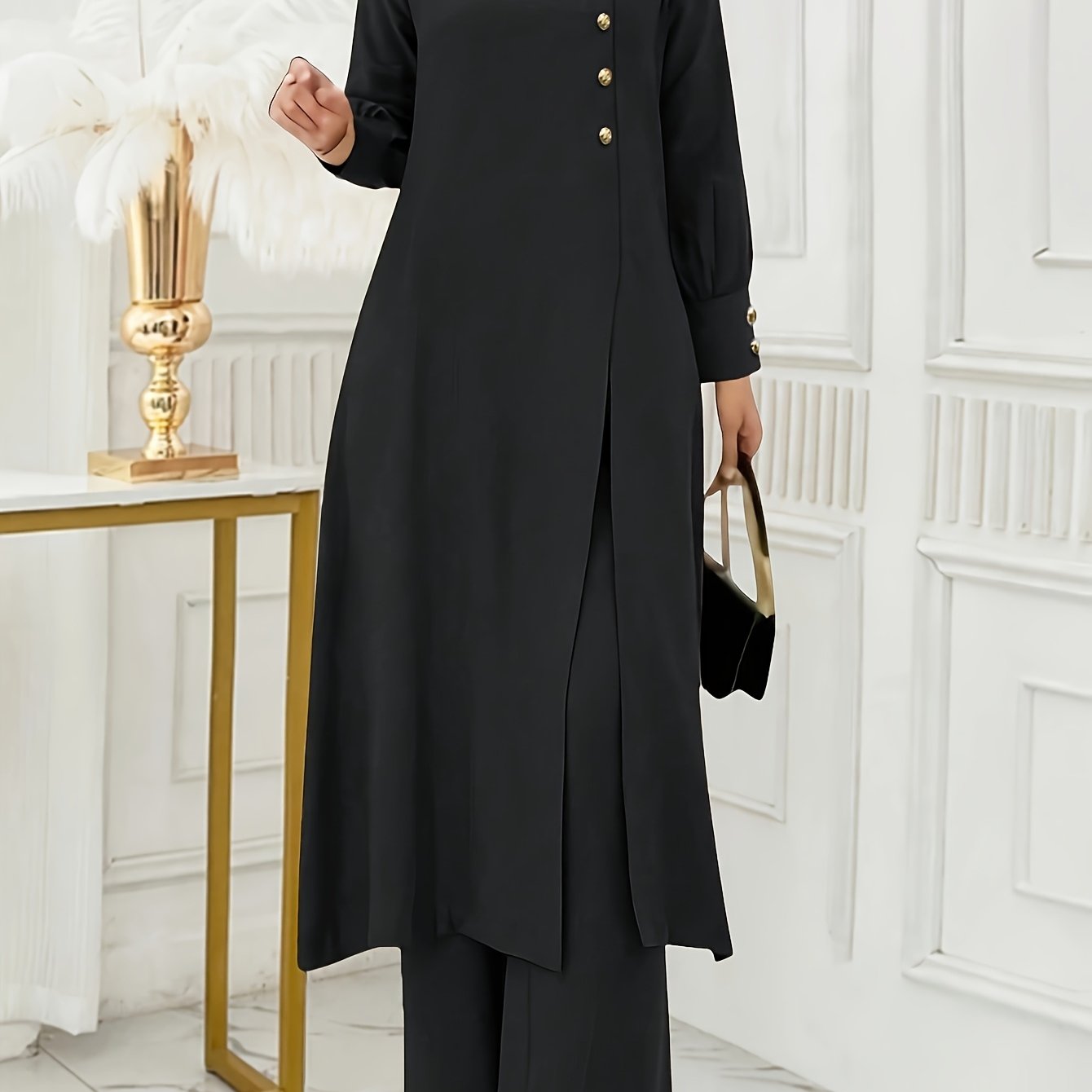 Solid Color Button Design Long Sleeve Top and Pants Set, Arabic Style,/MH