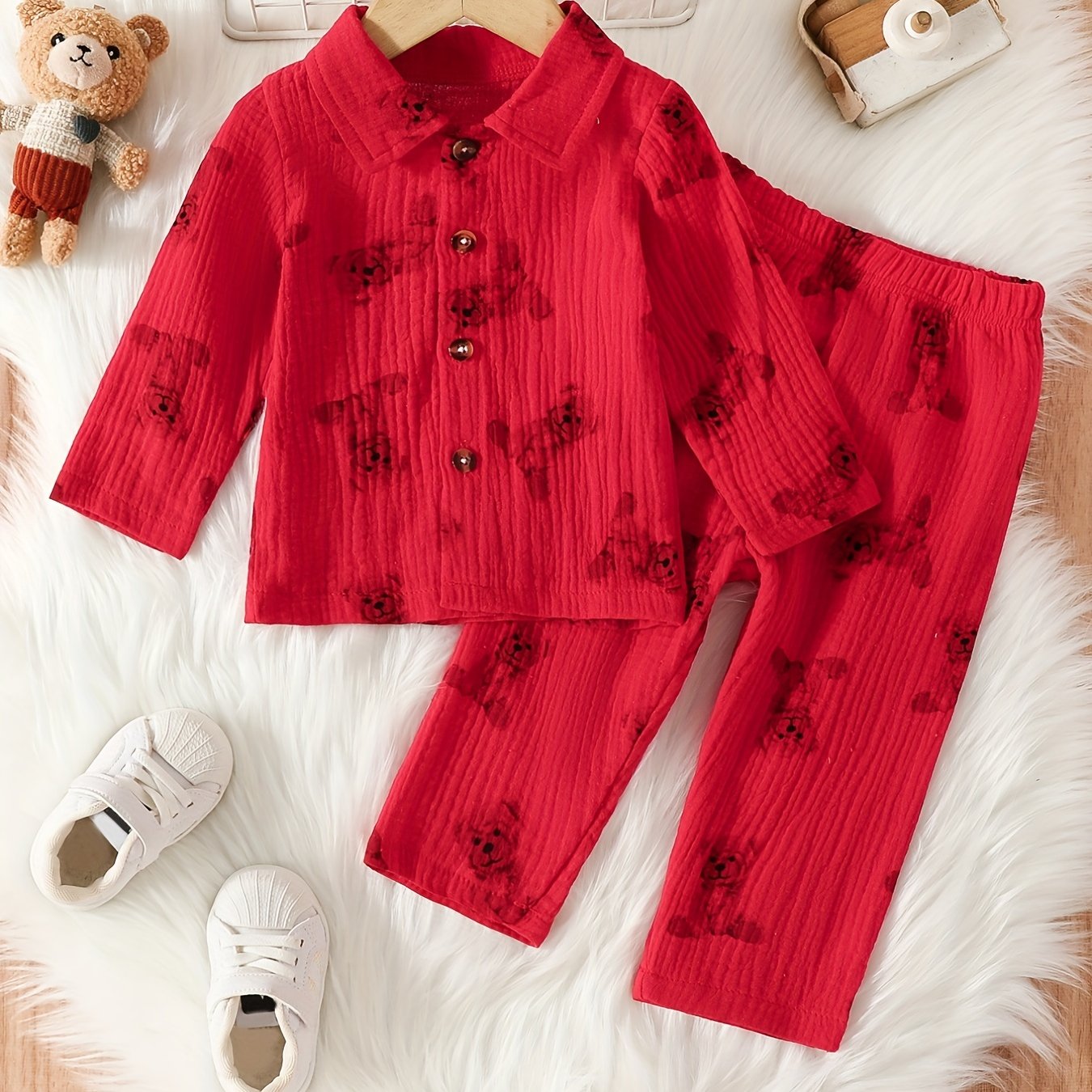 Baby's Cute Cartoon Graphic Pajamas Set Long Sleeve Top & Pants Outfit, Loungewear
