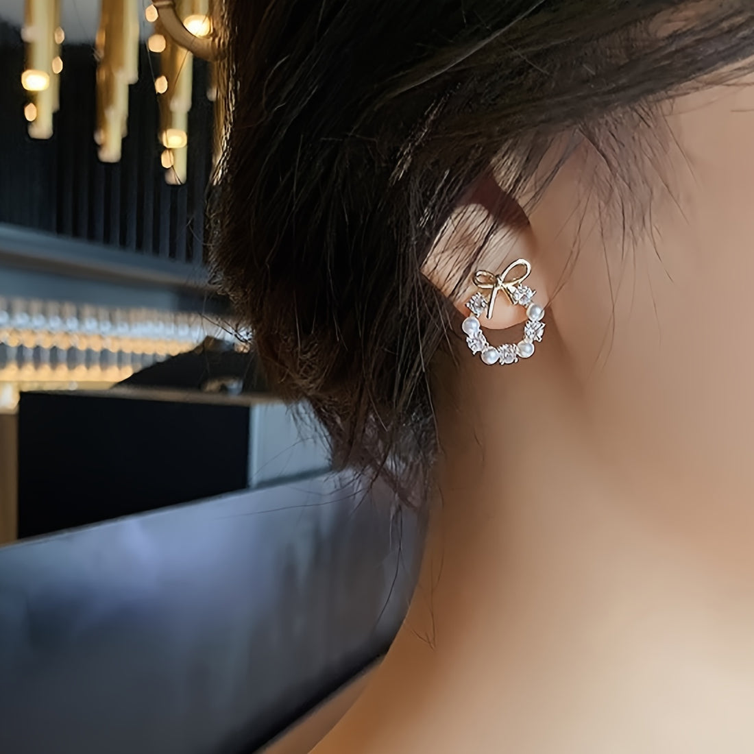 Tiny Delicate Round Stud Earrings With Bow Imitation Pearl Design Zinc Alloy Jewelry Elegant Simple Style For Women Daily Wear