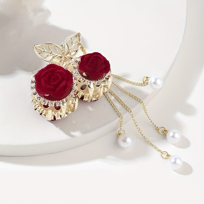 Elegant Red Rose Tassel Rhinestone Small Claw Clip,