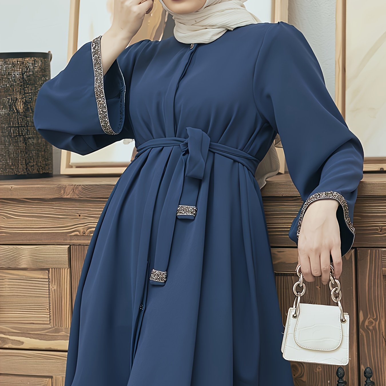 Contrast Trim Belted Button Front Kaftan Shirt, /MH