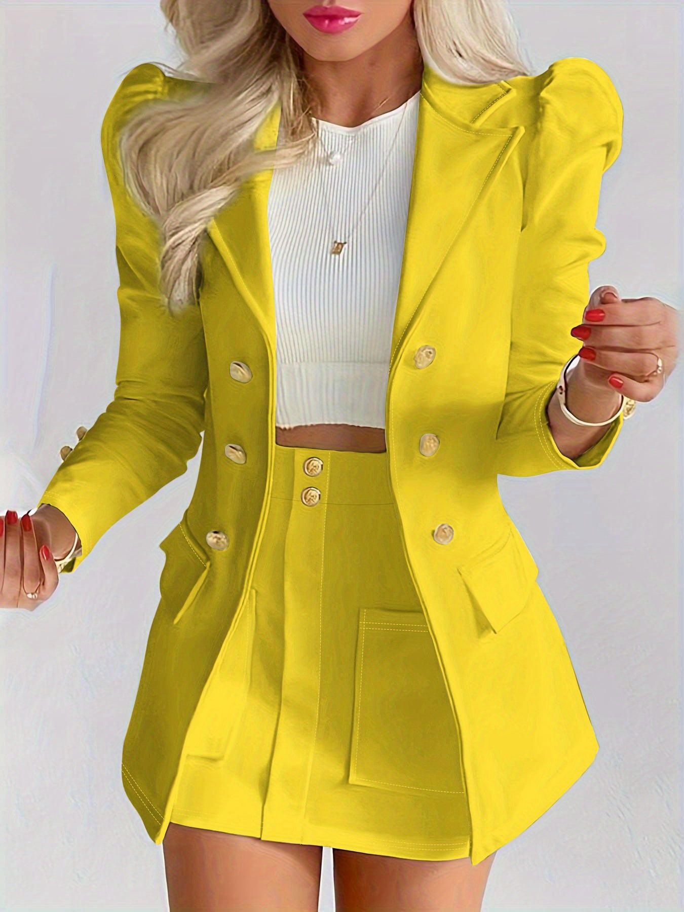 LUDOMI Women'S Stylish White Casual Blazer & Skirt Set .