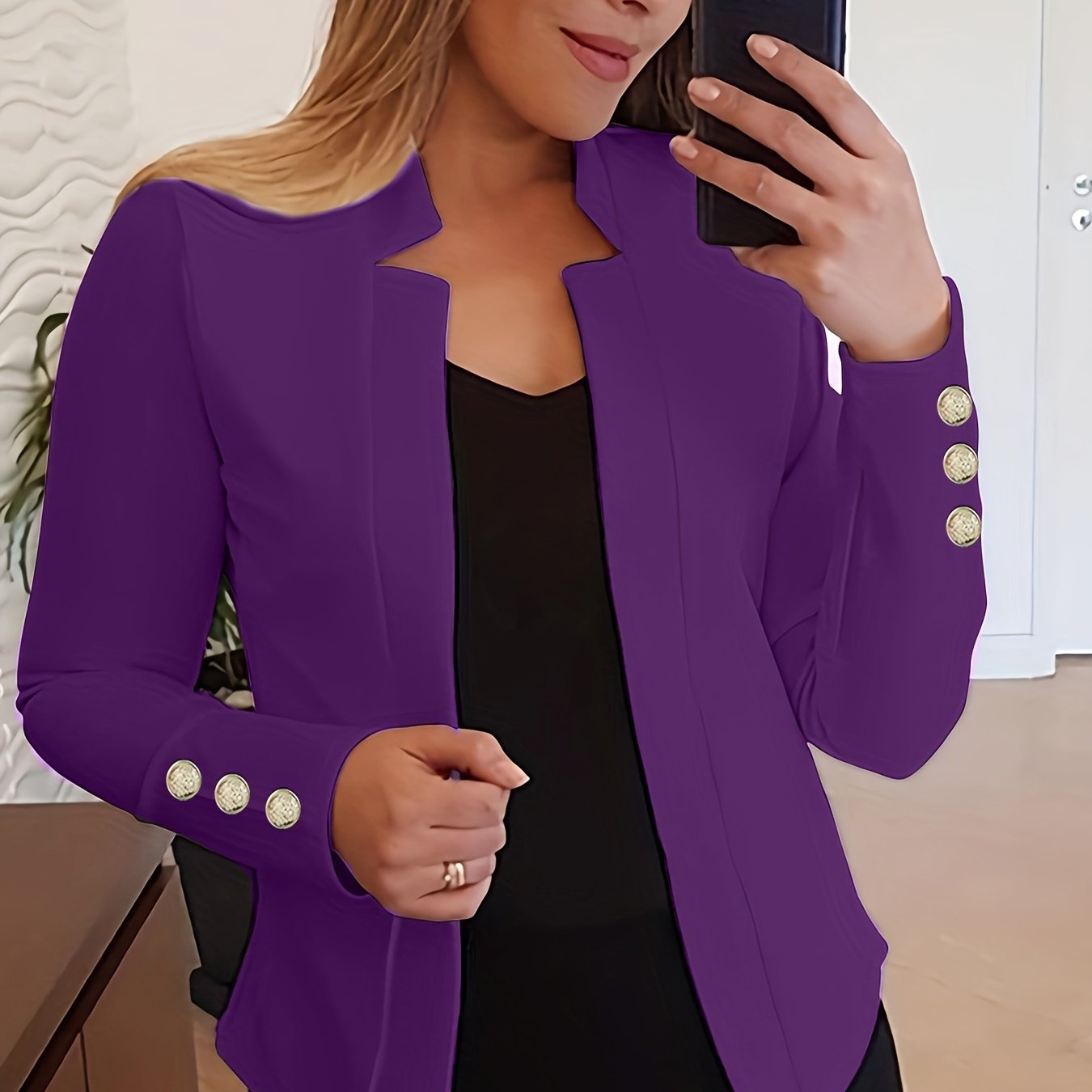 Solid Open Front Button Decor Blazer, Elegant Long Sleeve Blazer.