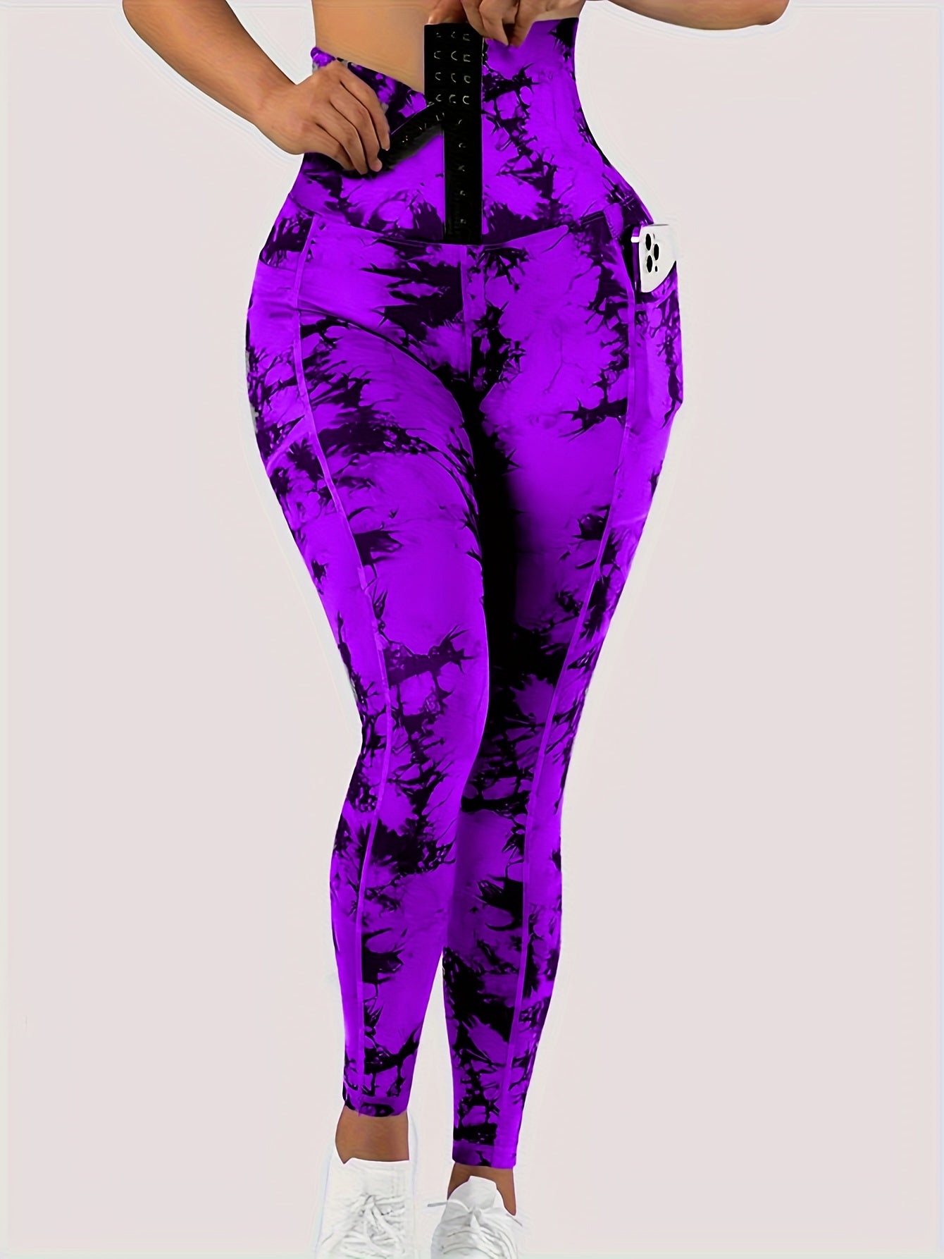 Women'S High-Waist Tie-Dye Yoga Leggings with Front Button Closure & Pockets .