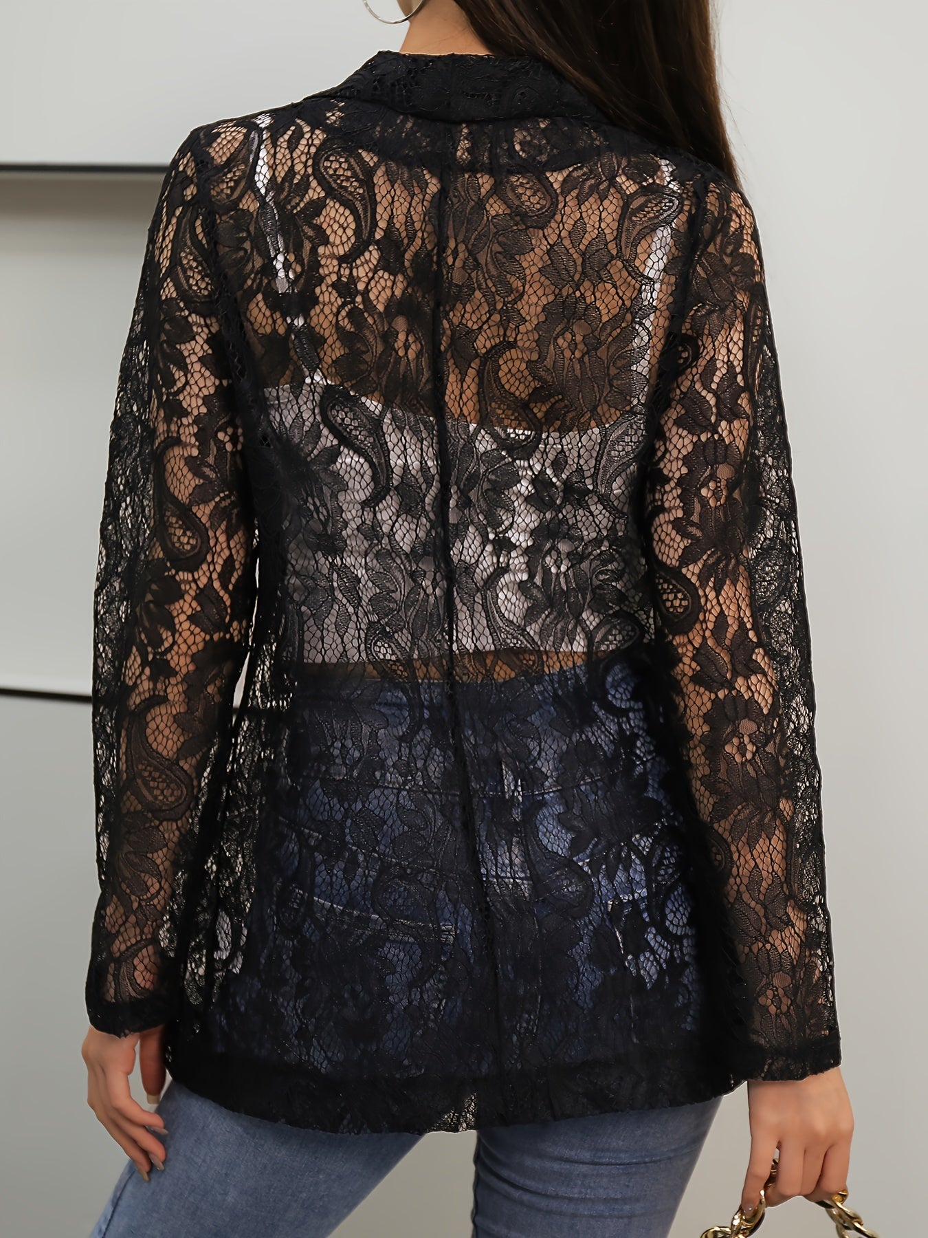 Floral Lace Lapel Blazer, Elegant Long Sleeve Open Front Outwear.