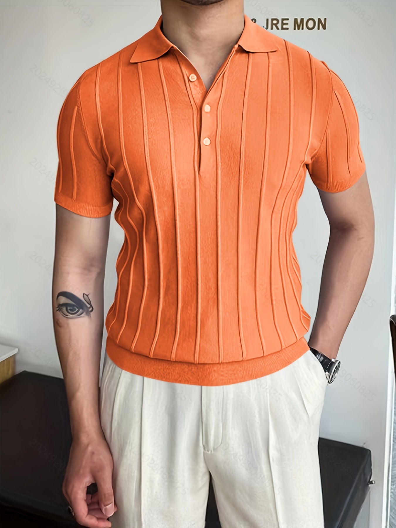 Vertical Striped Chic Shirt, Men's Casual Solid Color High Stretch .