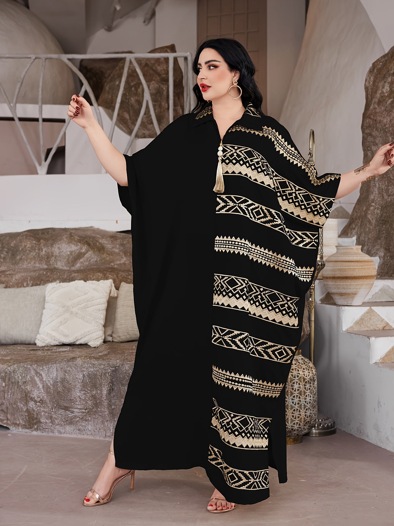 Elegant Ramadan Jalabia Dress - Golden & Black Geometric Embroidery,/MH