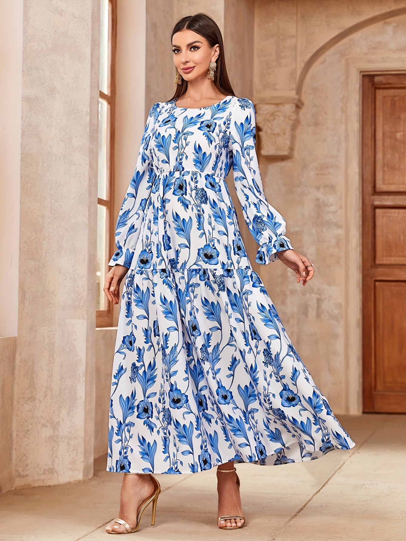 Floral Print Crew Neck Kaftan Dress, /MH