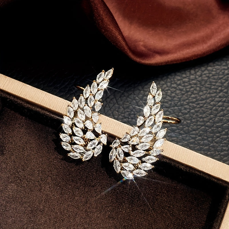 Golden Leaf Shaped Ear Clips - Exquisite Inlaid Zirconia, Delicate Fashion Accessory for Daily Wear, Ideal Gift for Ladies, Elegant and Simple Style
