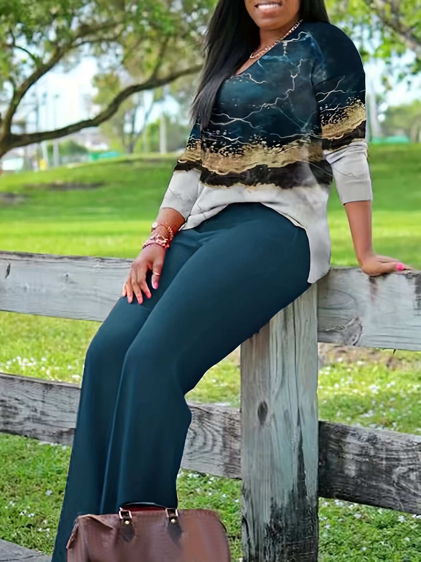 All Over Print Two-piece Set, V Neck Long Sleeve Top & Wide Leg Pants Outfits, Women's Clothing