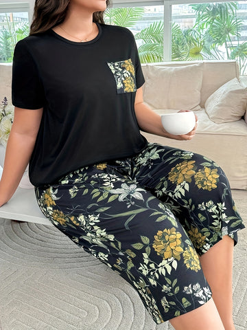 [Plus Size Pajama] Plus Size Round Neck Pocket T-Shirt ./MH