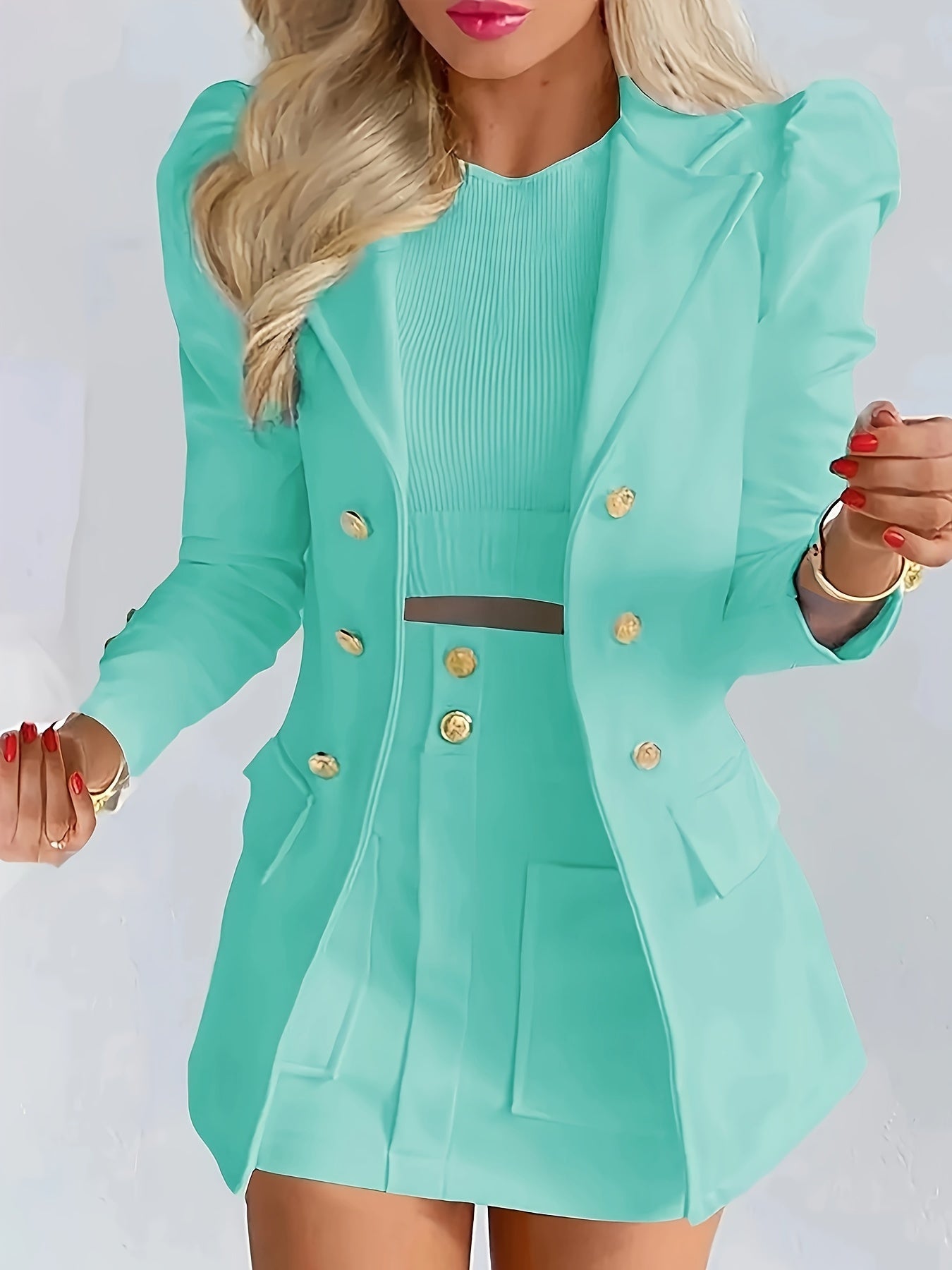 Two-Piece Floral Print Suit Set - Elegant Double Breasted Blazer.