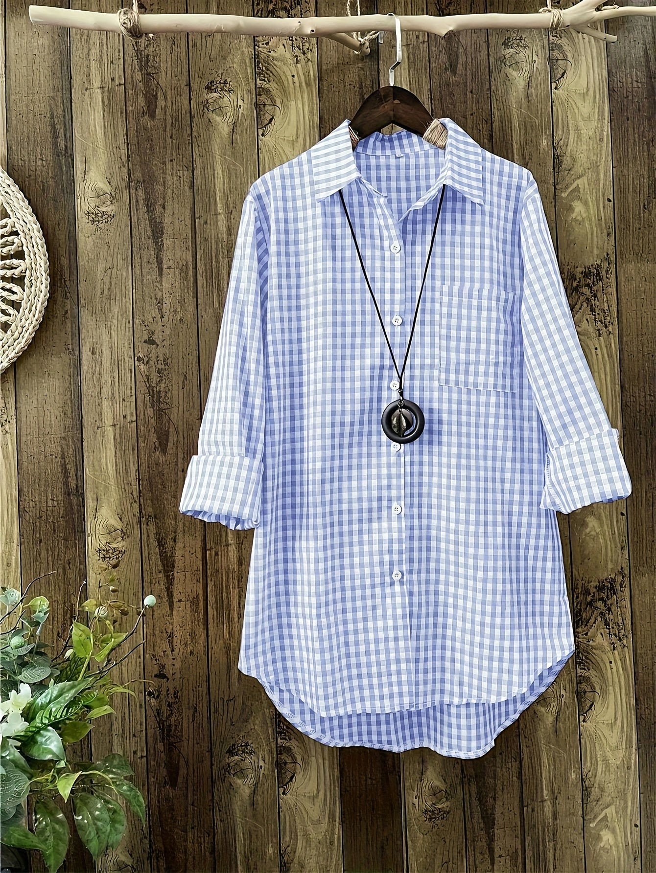 Women'S Casual Long Sleeve Gingham Check Shirt - Light Blue & White,