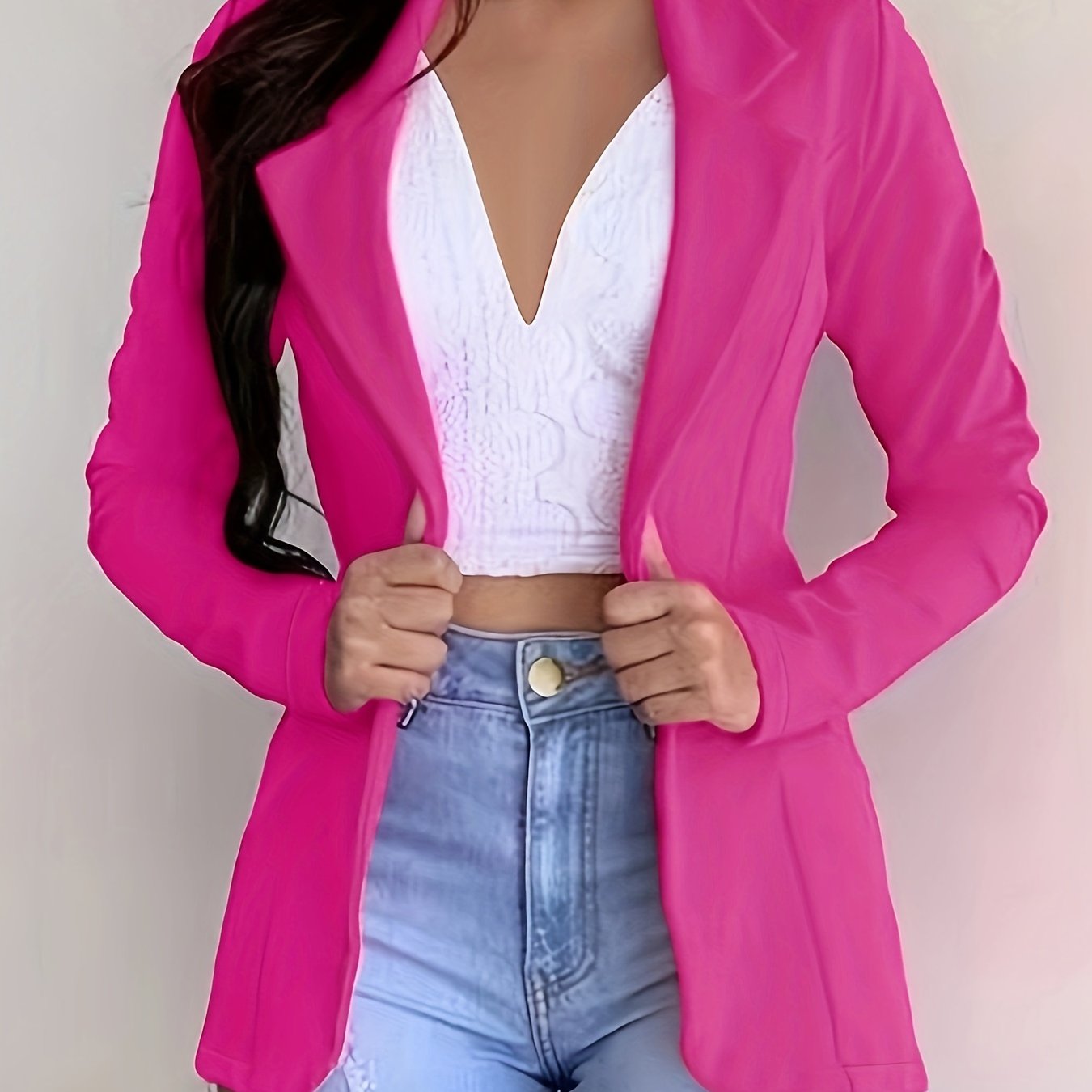 Solid Lapel Button Long Sleeve Blazer Jacket, Casual Loose .