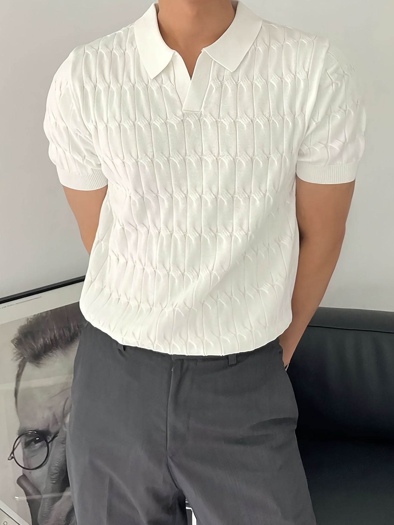 Chic Knit Shirt, Men's Casual Lapel Mid Stretch V-Neck Pullover Sweater