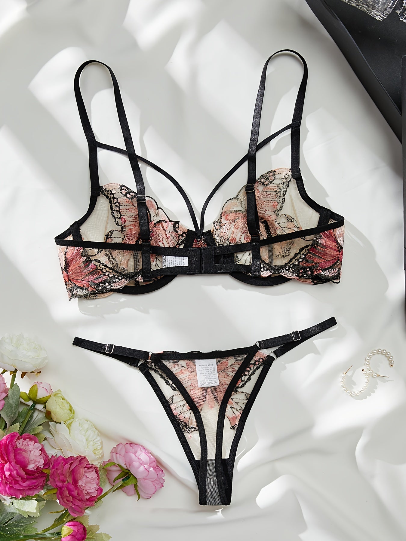 Butterfly Embroidery Mesh Lingerie Set, Strappy Plunge Bra & Thong, /MH